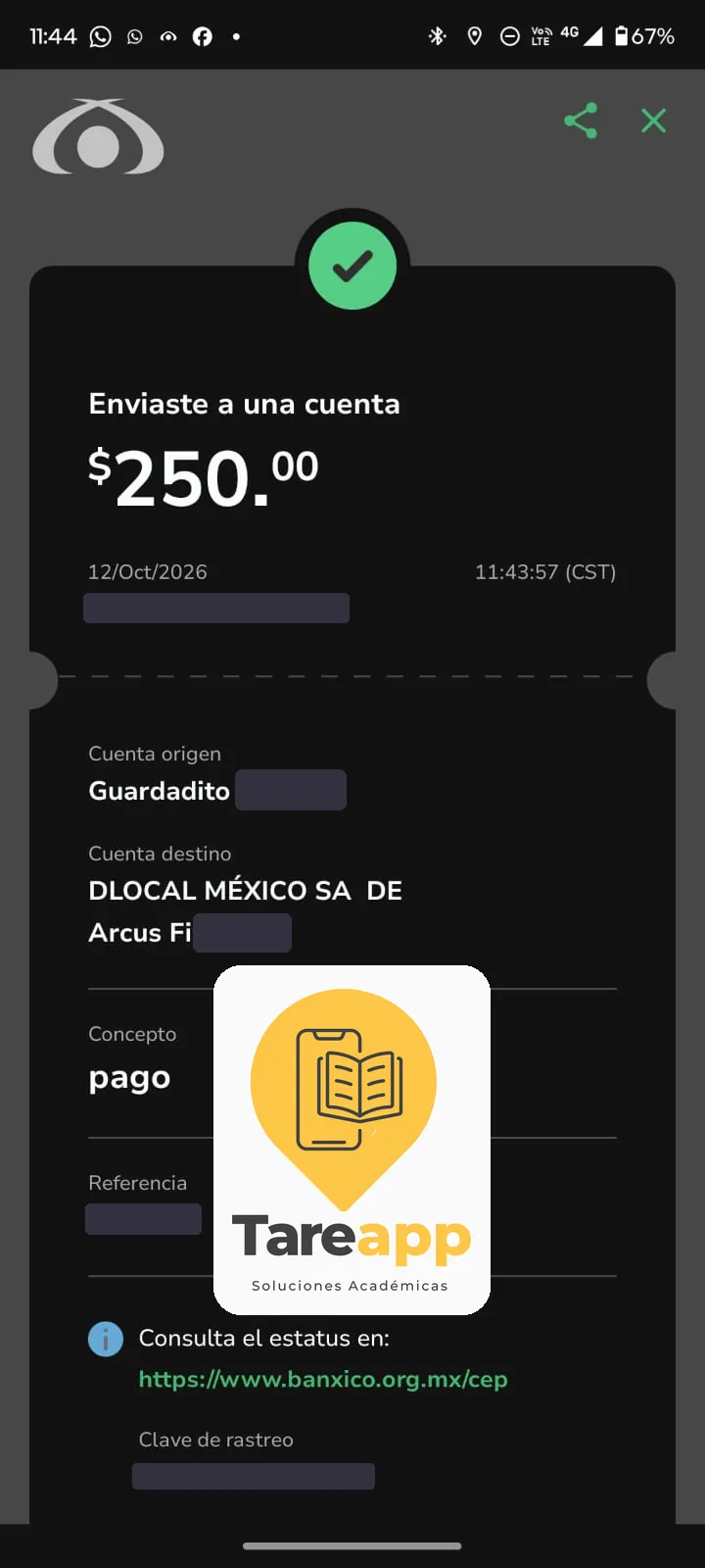 Comprobante de pago de un estudiante de México, 12 de octubre de 2026